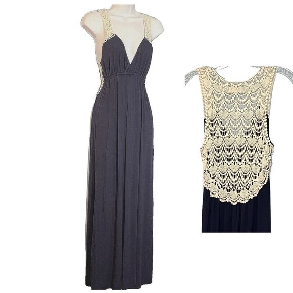 Deep V Crochet Back Maxi Dress XS Cottage‎ Coastal Beachy Boho Nautical Indie - Picture 1 of 14